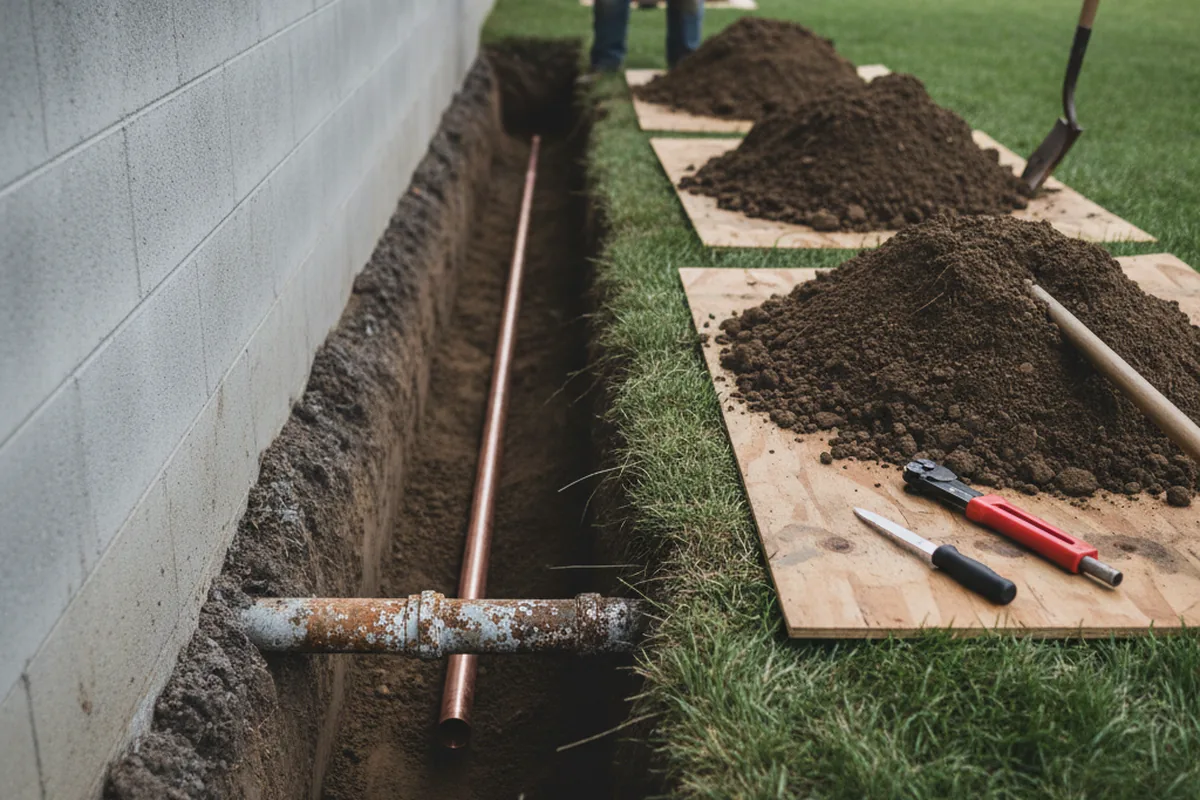 Excavated water line trench during Water Softener Installation in Central Falls